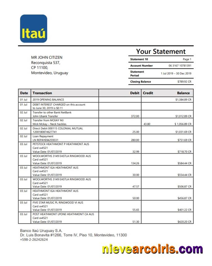 Uruguay Itau bank statement in Word and PDF format
